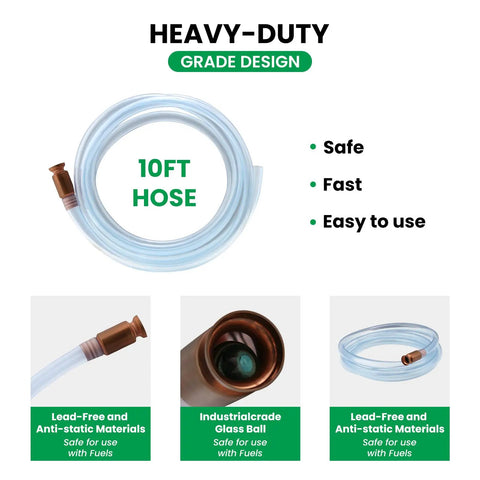 Straight Shooter Gas Siphon Hose Pump With Self Priming Syphon Tube For Fuel Water Diesel Transfer, 10 Foot Heavy Duty PVC hose with brass intake.