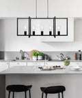 Modern Farmhouse Kitchen Island Chandelier with Industrial Matte Black Finish Open Geometric Frame 5 Light Island Light Fixture for Dining Room Kitchen and Living Room Adjustable Height for a Cool Rugged Yet Elegant Home Vibe over kitchen island