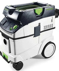 Dust Extractor CT 36 EI HEPA With Automatic Tool Trigger, portable shop vacuum in white, showing control panel and wheels