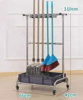 26 Inch Stainless Steel Broom And Mop Holder Rack With Built In Water Basin, Heavy Duty Cleaning Tool Organizer For Buckets And Bottles