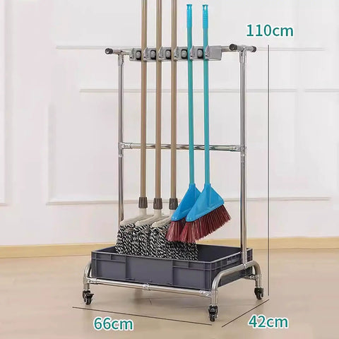 26 Inch Stainless Steel Broom And Mop Holder Rack With Built In Water Basin, Heavy Duty Cleaning Tool Organizer For Buckets And Bottles