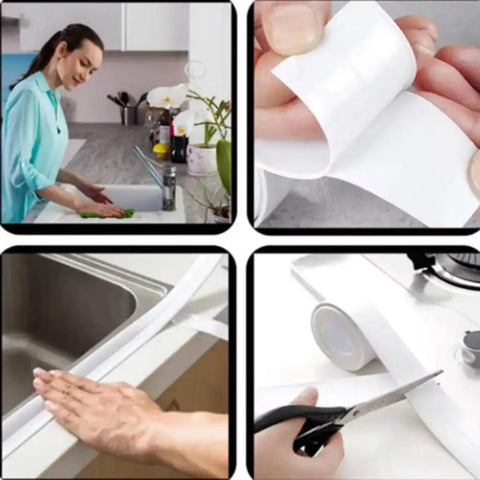 Heavy Duty PVC Sealing Tape For Kitchen Sink And Bathroom Waterproof Oil Proof Caulk Strip, applied to sink edges for leak prevention.