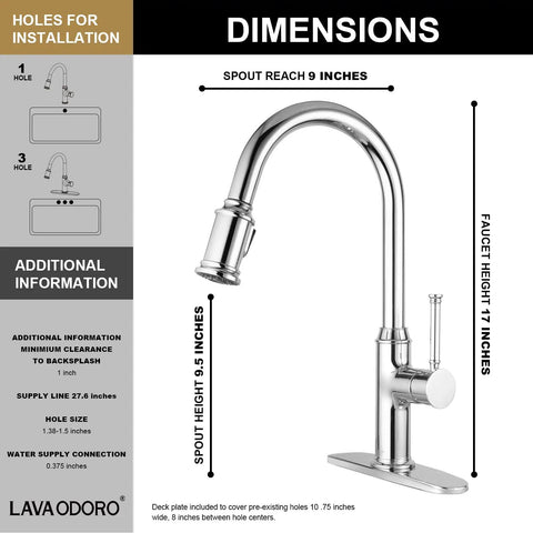 Chrome Pull-Down Kitchen Faucet With Two-Function Sprayer, Single Hole Mount, 17-Inch Tall, Deck Plate Included, Dimensions Displayed