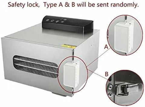 Real Deal Six Layer Stainless Steel Food Dehydrator Machine showing safety lock types A and B on the side.