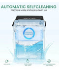 Portable Ice Maker Makes 26.5 Pounds Of Fresh Bullet Ice Daily With Zero Effort Self Cleaning Mode Compact Footprint, showing self-cleaning feature.