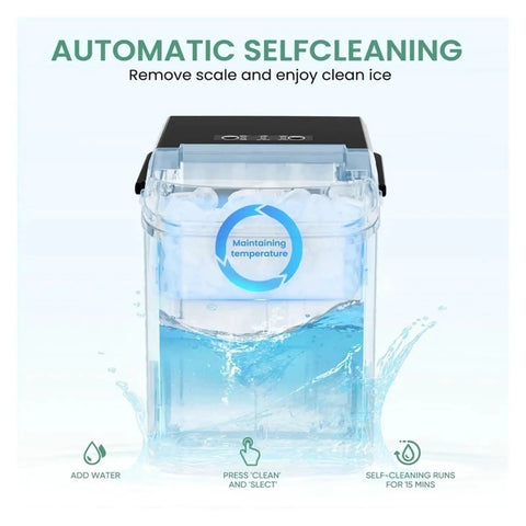 Portable Ice Maker Makes 26.5 Pounds Of Fresh Bullet Ice Daily With Zero Effort Self Cleaning Mode Compact Footprint, showing self-cleaning feature.