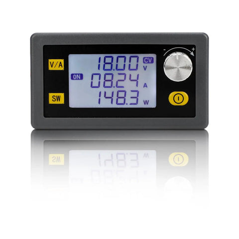 Knockout Durability DC Buck Converter With Crisp Digital Meter display showing voltage, current, and power readings for energy regulation.