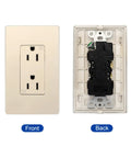 Slick Multifunction Wall Outlet With Built In Usb And Type C Ports 125V 15A Tamper Resistant Socket Plate front and back view.