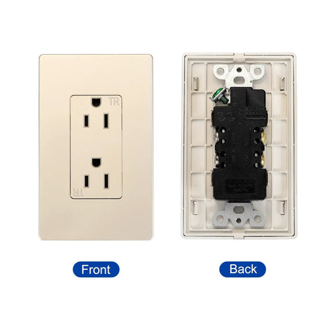 Slick Multifunction Wall Outlet With Built In Usb And Type C Ports 125V 15A Tamper Resistant Socket Plate front and back view.
