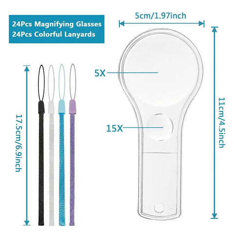 Diagram illustrating dimensions of 24 Pack Handheld Magnifiers With 5X And 15X Lenses, Kid Friendly Classroom And Home Science Tools