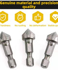 Three Pack Countersink Drill Bits With Six Flute Design And One Fourth Inch Hex Shank For Woodworking Burr Removal Hole Shaping And Trimming Plus A Ninety Degree Center Punch Set displayed front view