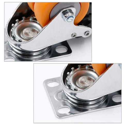 4 Pack Yellow Swivel Caster Wheels With Locking Brakes Silent Double TPE Rubber Casters Built Tough For Smooth Riding Floor Savers chrome metal brackets close-up of swivel caster wheel mechanism
