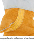 Elkskin Stick Glove With Nomex Lined Back, Extra Thick, Kevlar Stitching, Thumb Strap, Large Size, showing thumb strap detail