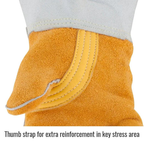 Elkskin Stick Glove With Nomex Lined Back, Extra Thick, Kevlar Stitching, Thumb Strap, Large Size, showing thumb strap detail