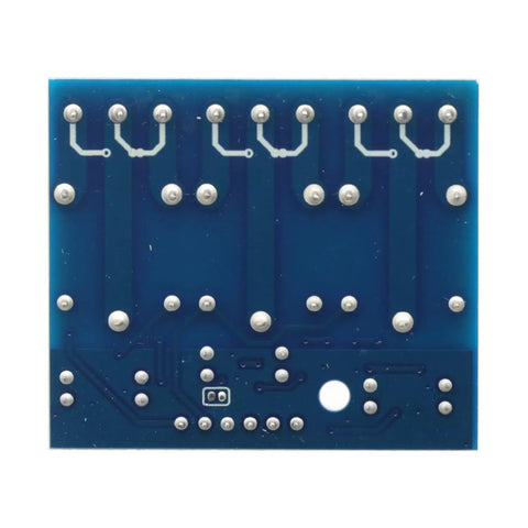 Back view of Three Channel 5V Relay Module with Optocoupler Isolation for Arduino Projects, showing underside circuitry.