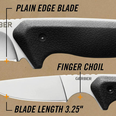 Plain edge blade with finger choil, Gerber brand, blade length 3.25 inches, part of Field Dressing Kit With Gut Hook Knife And Small Caping Blade