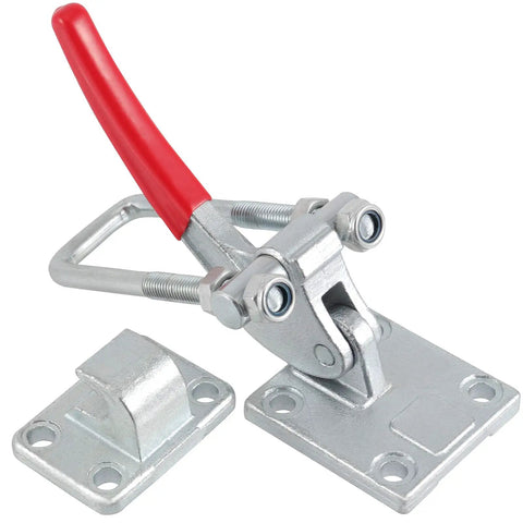 Rock Solid Heavy Duty U Hook Latch Clamp 2 Pack Delivers Knockout 7716 Lb Grip Power Built Tough From Cast Alloy Steel With Adjustable Pull Action Handle And Comfy Rubberized Lever, showing clamp and base.