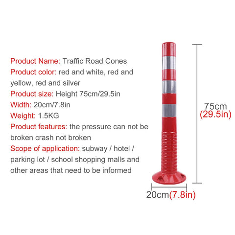 3 Pack Fixed Heavy Duty PVC Parking Bollards With Expansion Bolts Flexible Traffic Delineator Posts With High Vis Reflective Tape For Crowd Control And Street Security Kick Ass Impact Resistant Road Barriers In Red And Silver Colors, 29.5in tall, 7.8in wide, marked with reflective tape.