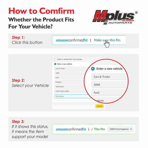 Guide on how to confirm fit for vehicle using amazonconfirmedfit for 2009 Ford Explorer, with steps displayed.