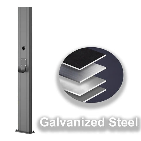 Built Tough As Nails Waterproof EV Charger Holder Cast From Rust Resistant Galvanized Steel, vertical gray holder with steel layering detail.
