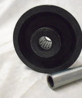 Heavy duty V-groove caster wheels with roller bearing, black finish, designed for industrial carts and heavy furniture support.