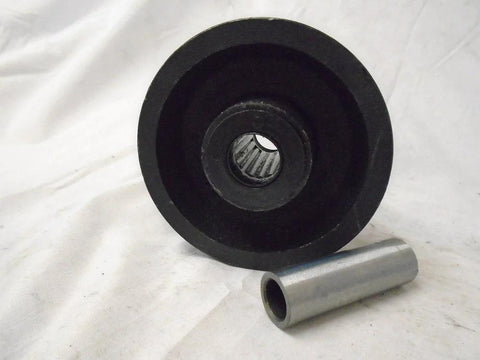 Heavy duty V-groove caster wheels with roller bearing, black finish, designed for industrial carts and heavy furniture support.
