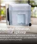 Fully Automatic Espresso Machine Crushing Your Morning Cravings With One Touch Brewing And Classic Milk Frother For Silky Cappuccinos Featuring Precision Ceramic Grinder And Sleek Black Touch Display water filter in clear AquaClean container.