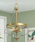 Gold Modern Glass Pendant Chandelier With Fishbowl Shades 3 Light Ceiling Fixture, soft gold iron frame, close-up view