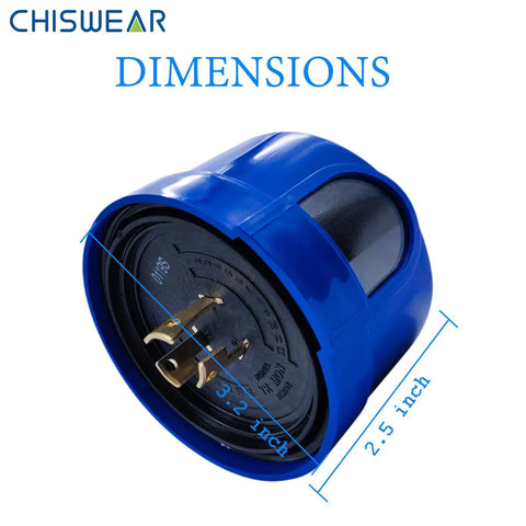 Twist Lock Photocell Dusk To Dawn Auto On Off Light Switch dimensions with blue casing and twist-lock terminals.