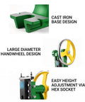 Beefy Professional Grade Manual Arbor Press Machine Anchored By A Solid Cast Iron Base Desktop Punch Stamping Tool features cast iron base, large handwheel, and height adjustment.