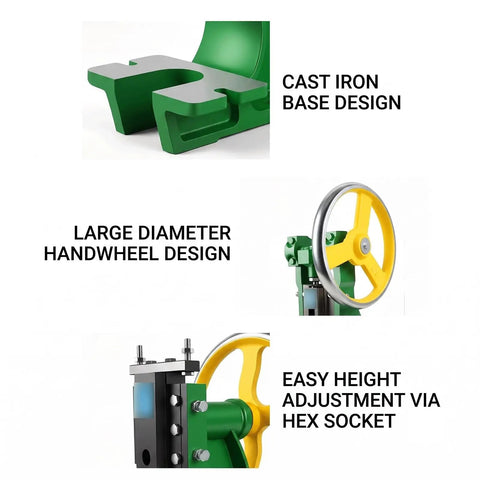 Beefy Professional Grade Manual Arbor Press Machine Anchored By A Solid Cast Iron Base Desktop Punch Stamping Tool features cast iron base, large handwheel, and height adjustment.