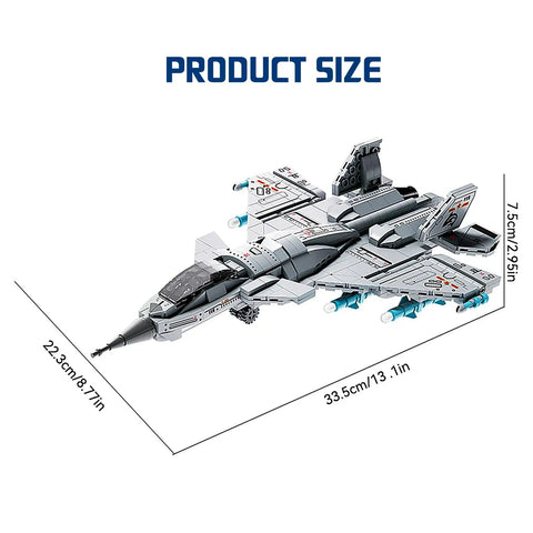 Fighter Jet Building Set For Boys Ages 8 To 14 With Foldable Wings Realistic Cockpit Airplane Model Kit STEM Toy 577 Pieces, dimensions shown