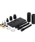 Front view of Dasen Harley Twin Cam inner cam bearing installer and puller kit; black metal base plate with holes and adapters.