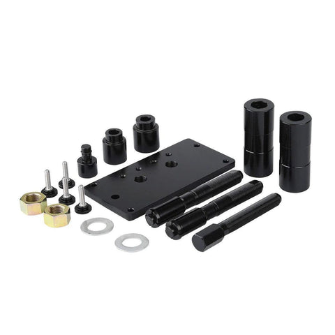 Front view of Dasen Harley Twin Cam inner cam bearing installer and puller kit; black metal base plate with holes and adapters.