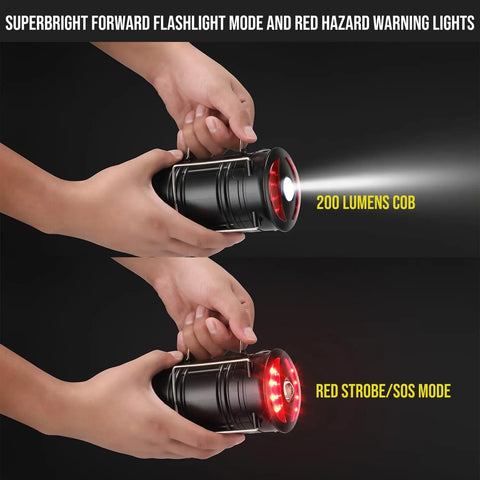 Two Pack Rechargeable Camping Lanterns With Dual Power Source showing 200 lumens COB spotlight and red SOS strobe mode