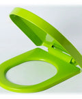 Premium White Oval Toilet Seat Featuring Heavy Duty Soft Close Action And Hassle Free Quick Release Hardware Crafted From Durable Polypropylene To Eliminate Loud Slamming Noise For Good in vibrant green color.
