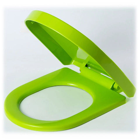 Premium White Oval Toilet Seat Featuring Heavy Duty Soft Close Action And Hassle Free Quick Release Hardware Crafted From Durable Polypropylene To Eliminate Loud Slamming Noise For Good in vibrant green color.