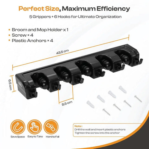 Heavy Duty ABS Plastic Broom Holder With Five Auto Adjustable Slots And Six Retractable Hooks Wall Mount Mop And Broom Hanger Waterproof Garage Tool Organizer With Screws