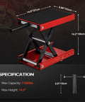 Beefy 1100 Lbs Motorcycle Scissor Lift Jack with height adjustable range, rubber top surface and safety pin, red, specifications shown