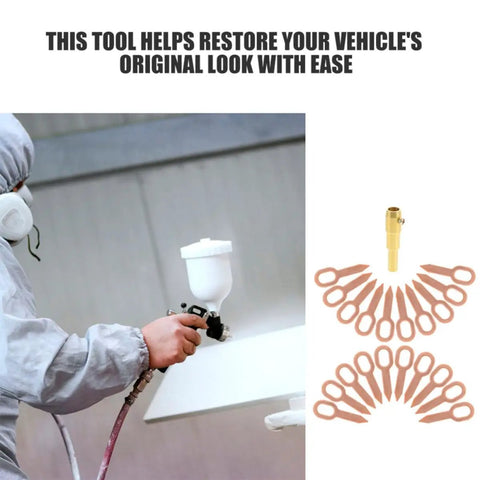 Auto Body Dent Puller Kit For Sheet Metal Repair With Iron Shaping Tabs shown with dent repair tools and spray gun operation.