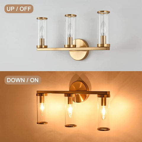 Brushed Gold 3 Light Vanity Light Fixture for Bathroom and Hallway Brass Bath Lighting with Glass Cylinders on and off view