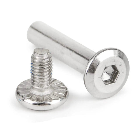 Close-up of stainless steel hex screws from Inline Skates Wheel Mounting Screws And Bolts Kit With 8 Pairs 30mm And 2 Pairs 35mm Plus DIY Installation Tools For Roller Blades Replacement And Repair.