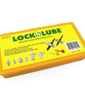 Angled view of Lock-N-Lube grease fitting replacement kit in yellow case with SAE and metric fittings.