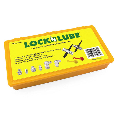 Angled view of Lock-N-Lube grease fitting replacement kit in yellow case with SAE and metric fittings.