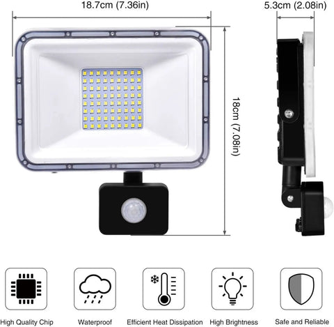 50W Led Security Light with Motion Sensor, Pir Flood Light Ip67 Waterp, side view showing dimensions and motion sensor.