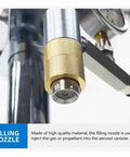 Close-up of the filling nozzle on the Pro Grade Manual Aerosol Spray Filling Machine featuring a durable design for easy gas injection.