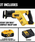Kit contents including Compact 20V Cordless Reciprocating Saw Kit With 5Ah Battery For Tight Spaces Between Studs Fourteen And A Half Inch Length