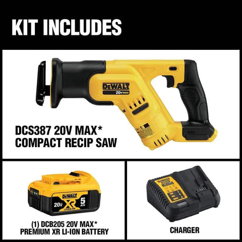 Kit contents including Compact 20V Cordless Reciprocating Saw Kit With 5Ah Battery For Tight Spaces Between Studs Fourteen And A Half Inch Length