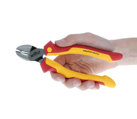 Hand holding insulated industrial pliers and cutters set, 3 piece, 8 inch each, pro grade electrician tools kit with cushioned grip