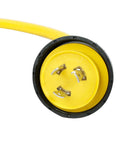 Close-up of Beefy 25 Ft 30 Amp 125V RV Power Cord Marine Grade Yellow L5-30P To L5-30R with visible plug detail